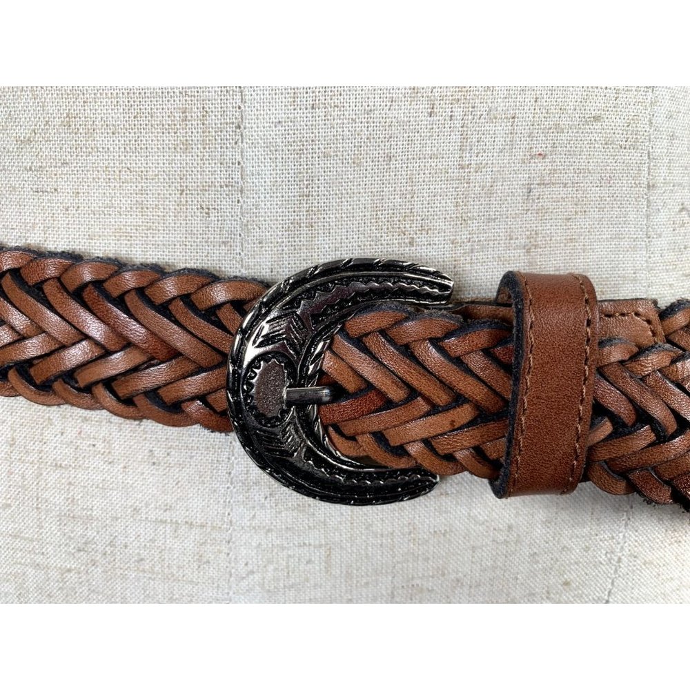 Vintage Womens Braided Belt Leather Brown Medium Solid‎ Silver Tone Buckle Nice - Picture 6 of 16